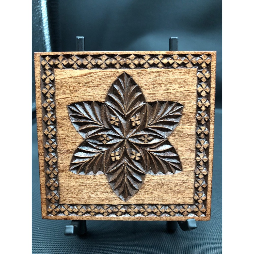 Hand Carved Artisan Wood Wall Plaque Floral Leaf Motif Square Folk Art Decor 4x4